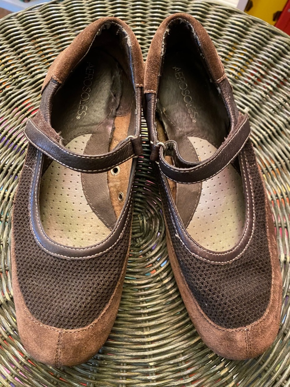 Vintage AEROSOLES Brown Suede & Mesh Mary Jane Flats with Strap